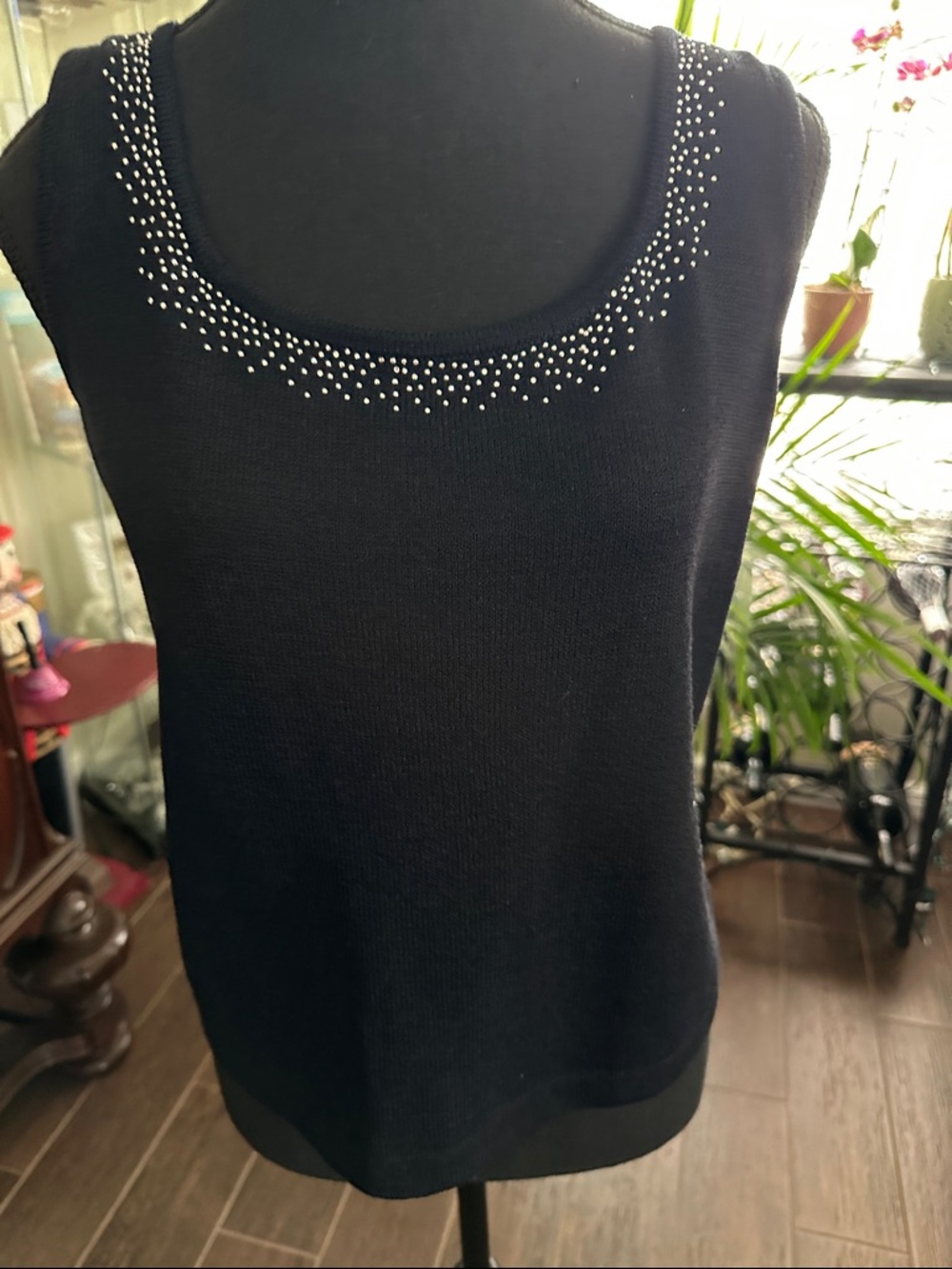 St. John Black Sleeveless Knit Tank with Silver Embellished Scoop Neck